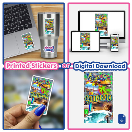 Collage featuring a laptop adorned with a California State sticker, emphasizing unique vinyl sticker offerings from Decal Venue, available as stickers or digital artwork.