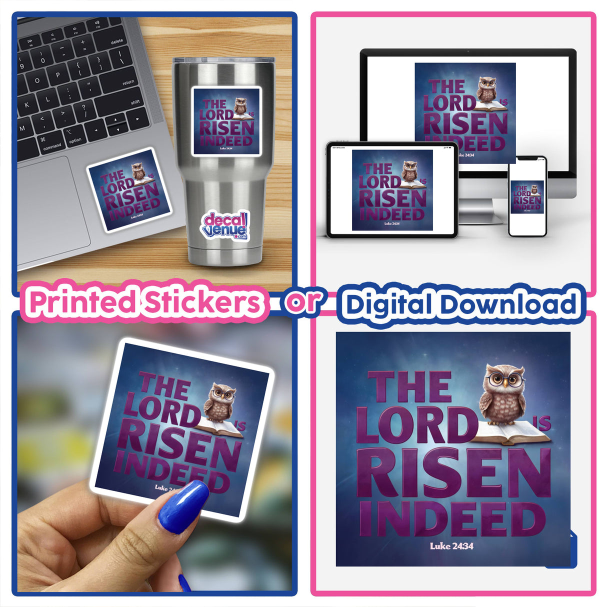 The Lord Is Risen Indeed Owl Christian Sticker features an owl with glasses, symbolizing Resurrection Sunday, available as a unique sticker or digital artwork for commercial use.