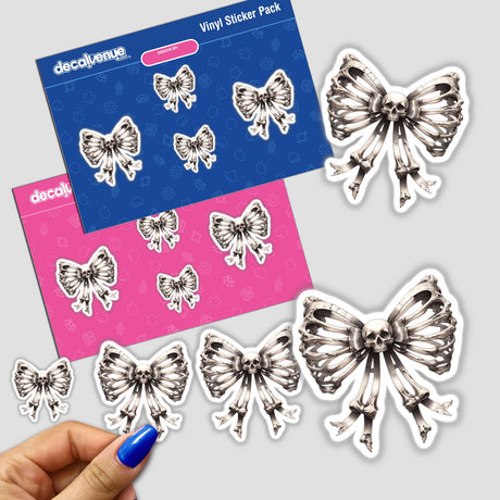 Elegant butterfly-shaped vinyl stickers in black and white tones, arranged on a vibrant pink and blue background. The stickers are part of a digital artwork collection from DecalVenue, showcasing intricate, stylized butterfly designs for versatile decorative use.