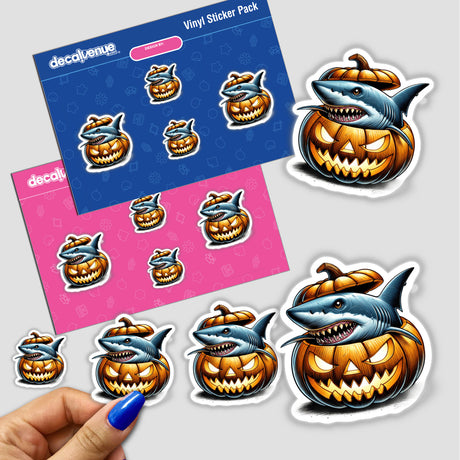 Creepy pumpkin and shark stickers for Halloween decoration and expression. Featuring a shark peeking out of an ominous jack-o'-lantern on a vibrant blue and pink background. These unique digital sticker designs from DecalVenue allow you to add a spooky, fun touch to your seasonal decor or personal style.