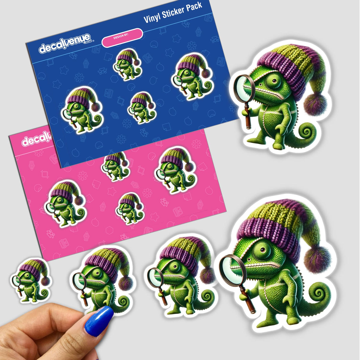 Vibrant digitally-created chameleon gnome characters with magnifying glasses, featured on a sticker pack for the Decal Venue brand's unique and stylish digital artwork.
