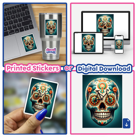 Collage featuring Spooky Skeleton stickers and digital downloads, including a skull with flowers and bicycles, a hand holding a skull picture, and a sticker on a laptop and cup.