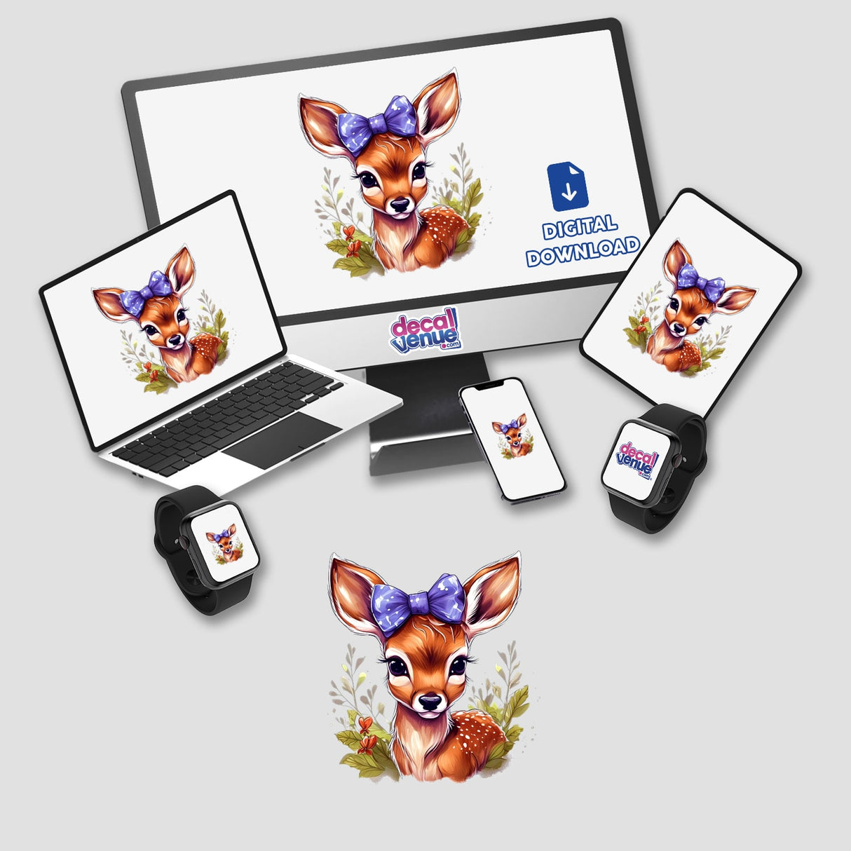 Fawn-themed digital artwork displayed on various devices including a computer monitor, laptop, tablet, phone, and smartwatch. Available as stickers or digital downloads.