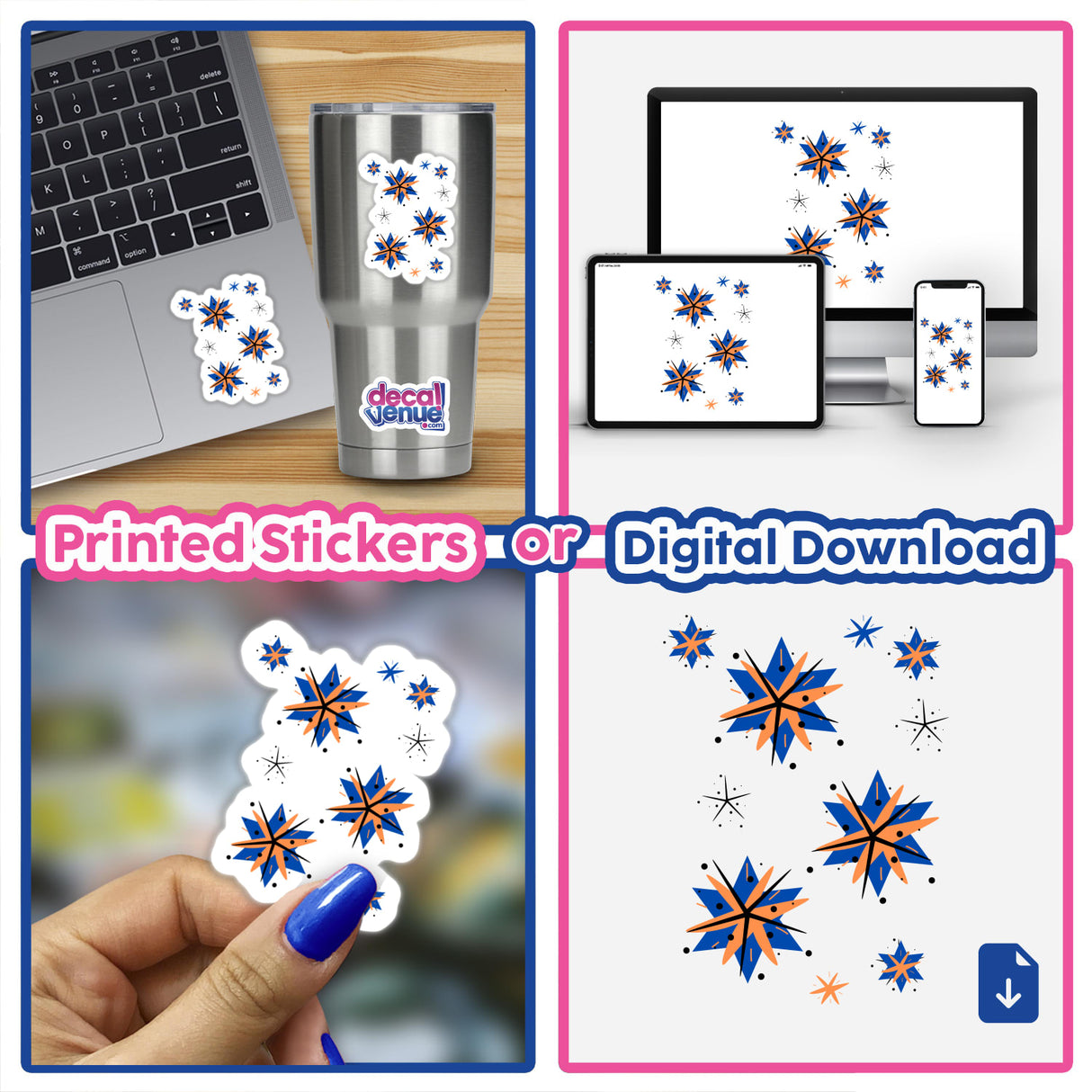 Collage showcasing Stars design in orange, blue, black; includes stickers and digital download options, featuring close-ups and applications on a laptop and other surfaces.