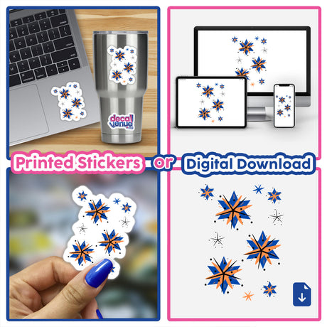Collage showcasing Stars design in orange, blue, black; includes stickers and digital download options, featuring close-ups and applications on a laptop and other surfaces.