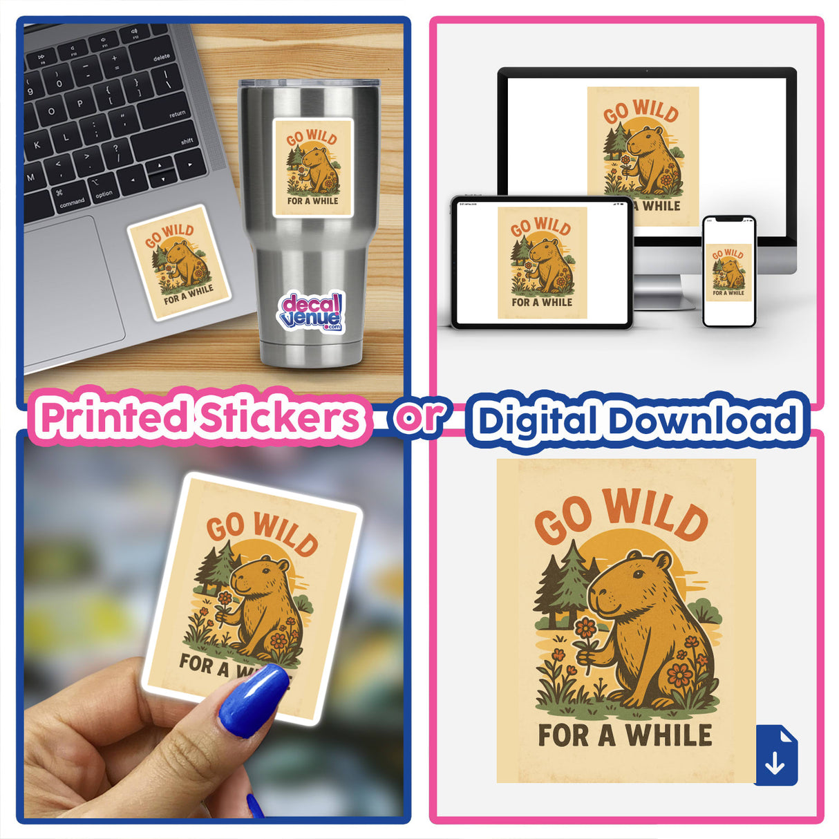 Go Wild for a While Sticker or Clipart featuring a cartoon capybara holding a flower, available as stickers or digital artwork, ideal for laptops or notebooks.