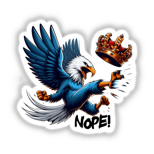 Nope No Kings American Bald Eagle cartoon features an eagle kicking a crown, available as stickers or digital artwork, embodying Decal Venue's unique graphic design offerings.