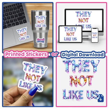 Collage featuring the Crystallized Gemstone They Not Like Us design, available as stickers or digital artwork, showcasing intricate laptop and computer imagery, reflecting Decal Venue's unique artistic style.