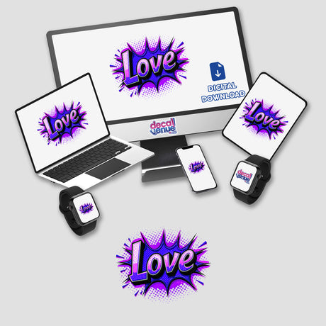 Love Valentine's Day stickers and digital artwork featuring a computer monitor, laptop, and phone, showcasing unique purple and blue designs, ideal for tech-themed decor from Decal Venue.