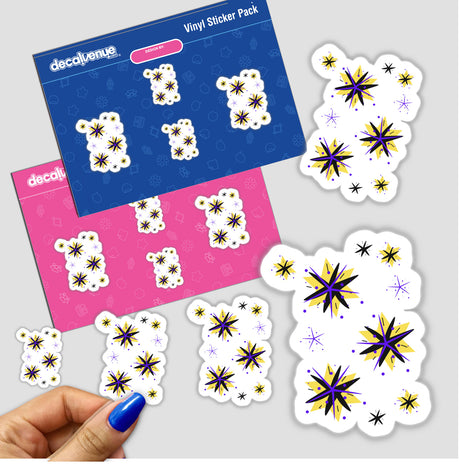 Stickers featuring a design titled Stars - yellow, black, purple, showcasing various stars and flowers, perfect for creative decoration or digital artwork.