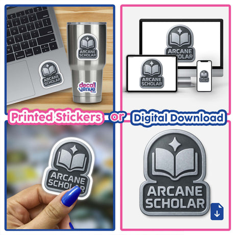 Arcane Scholar – RPG-Style Skill Badge features a silver magical icon, available as a sticker or digital artwork. Ideal for RPG enthusiasts seeking unique, themed vinyl stickers or digital art.