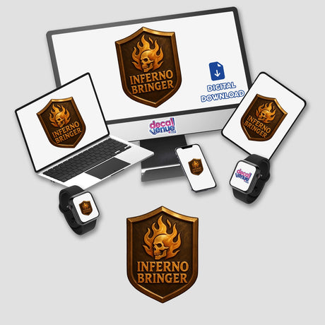 Inferno Bringer – RPG-Style Skill Badge featuring a gold and bronze flame crest design, ideal for stickers or digital artwork from Decal Venue.