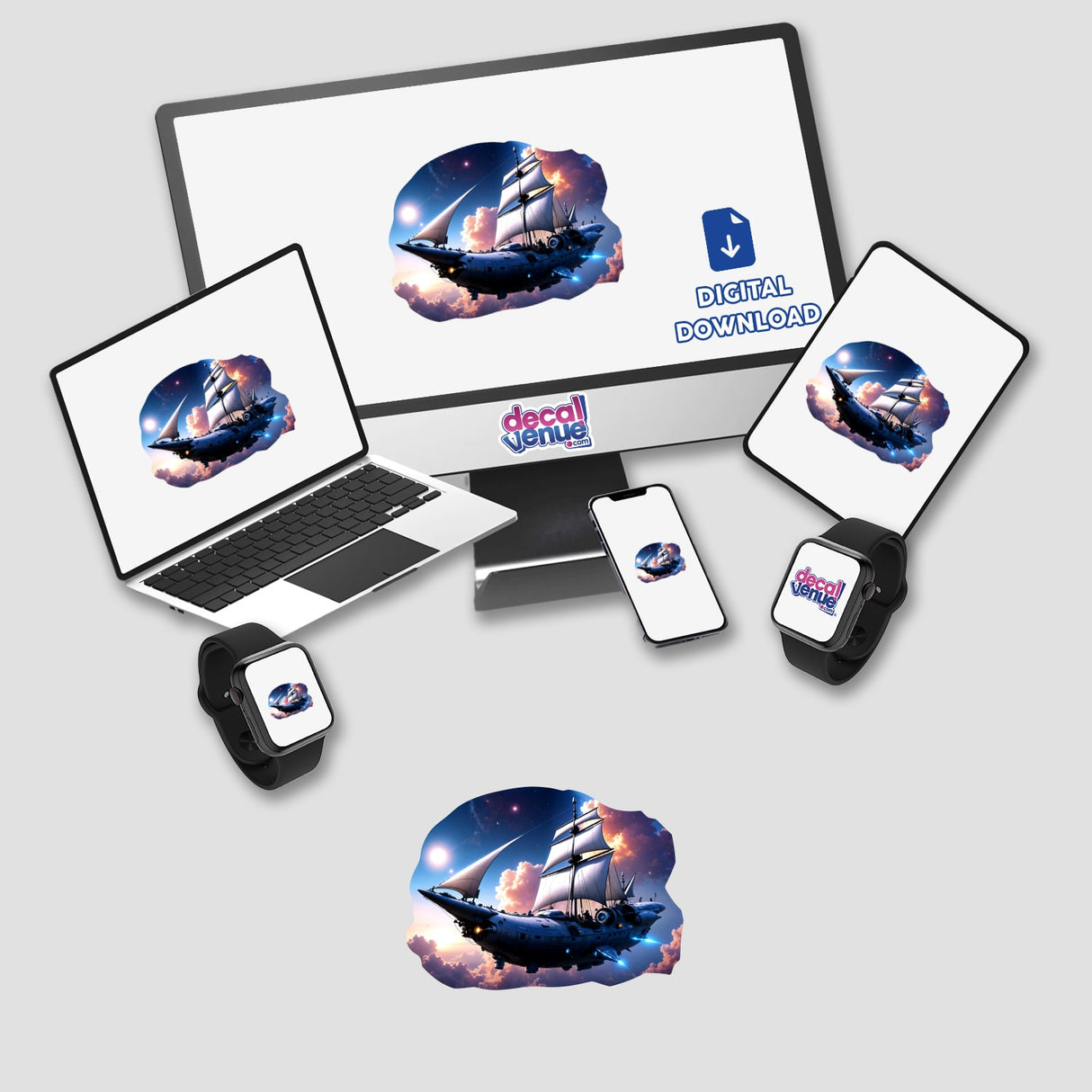 A Cool Retro Pirate Sailing Spaceship depicted on a laptop and computer monitor, available as stickers or digital artwork, showcasing a ship in the sky theme.