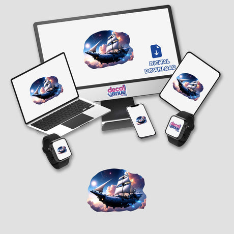 A Cool Retro Pirate Sailing Spaceship depicted on a laptop and computer monitor, available as stickers or digital artwork, showcasing a ship in the sky theme.