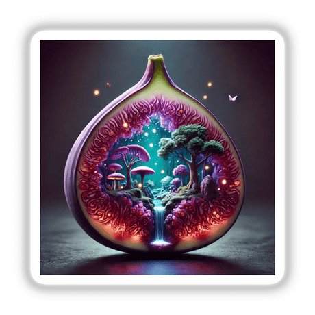Enchanted Forest Magical Woodland Inside a Fig sticker or digital artwork featuring a fig with an intricate woodland landscape inside, capturing a blend of nature and creativity.