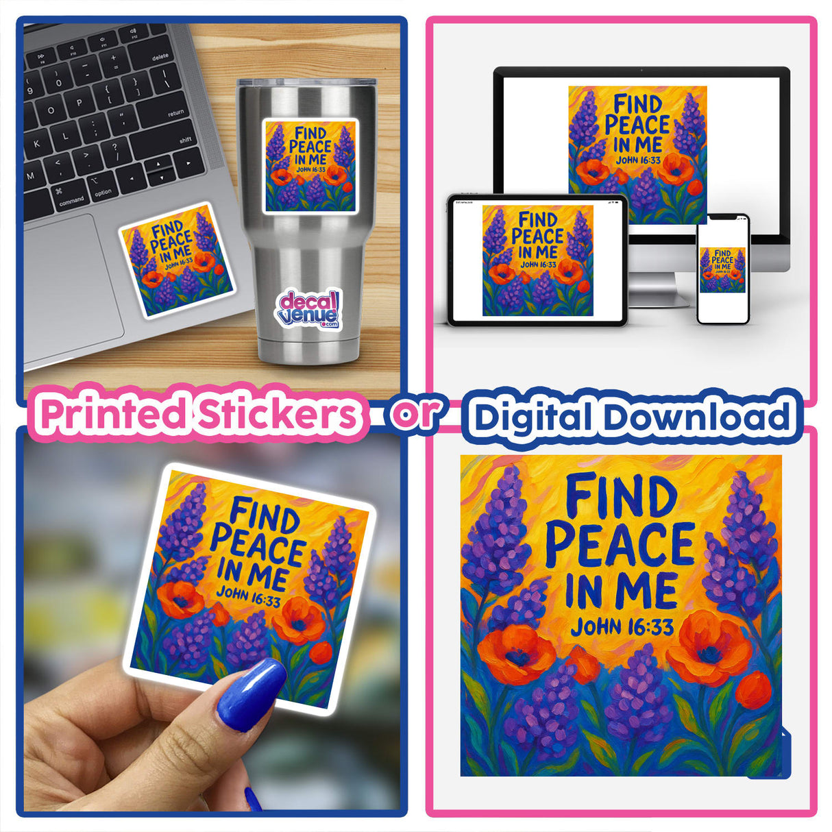 Find Peace in Me Sticker or Clipart with Commercial Rights - John 16:33 Floral Art features intricate floral designs, reflecting Decal Venue's unique vinyl sticker and digital art offerings.