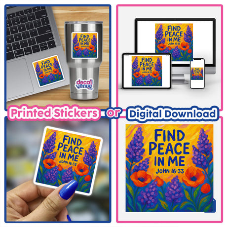 Find Peace in Me Sticker or Clipart with Commercial Rights - John 16:33 Floral Art features intricate floral designs, reflecting Decal Venue's unique vinyl sticker and digital art offerings.