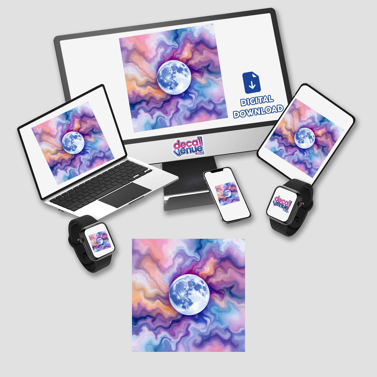 Moon Alcohol Ink Design featuring electronic devices with earth and moon imagery, available as stickers or digital artwork.