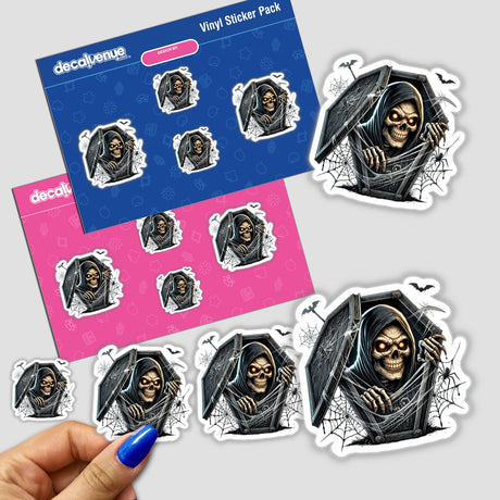 Spooky Grim Reaper Stickers in Coffin and Web Design