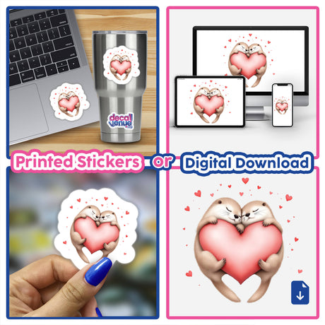 Sleeping Otters with Hearts sticker collage, featuring charming otters hugging hearts, ideal for laptops or digital screensavers, embodying Decal Venue's unique vinyl and digital art aesthetic.