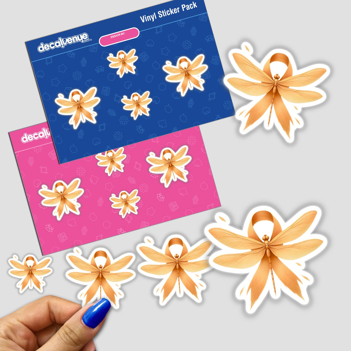 Dragonfly Peach Ribbon Uterine Cancer Awareness sticker pack features five golden-tan dragonfly designs in three sizes, with a hand displaying the smallest, symbolizing support and awareness.