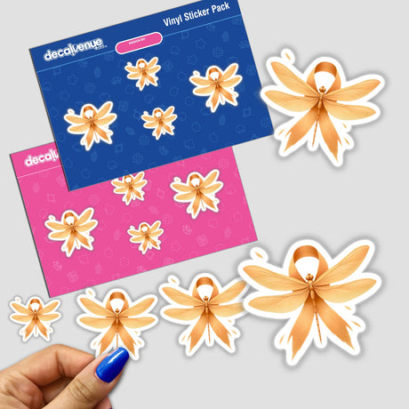 Dragonfly Peach Ribbon Uterine Cancer Awareness sticker pack features five golden-tan dragonfly designs in three sizes, with a hand displaying the smallest, symbolizing support and awareness.