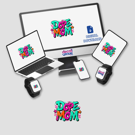 Dope Mom design featuring a computer monitor, laptop, phone, and smartwatch, available as stickers or digital artwork, showcasing tech elements for a modern aesthetic.