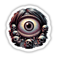 Surreal Eye with Skulls Digital Artwork - Unique eye-themed sticker design featuring a large, central eye surrounded by scattered skulls and a dark, ominous atmosphere, created by Borderline Artistry for Decal Venue's collection of distinctive digital downloads.