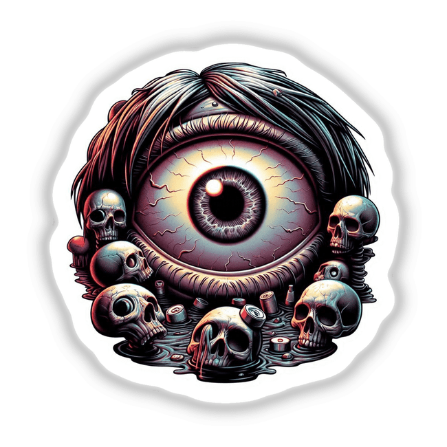 Surreal Eye with Skulls Digital Artwork - Unique eye-themed sticker design featuring a large, central eye surrounded by scattered skulls and a dark, ominous atmosphere, created by Borderline Artistry for Decal Venue's collection of distinctive digital downloads.