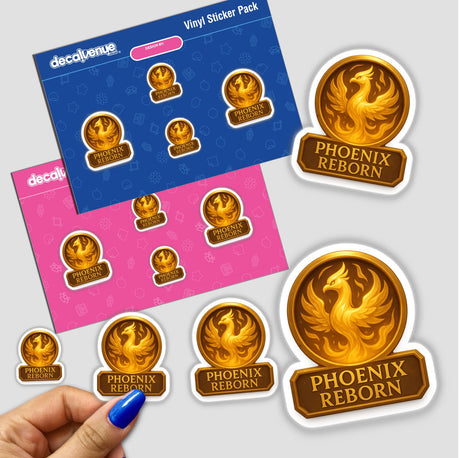Phoenix Reborn – RPG-Style Skill Badge (Gold Flame Crest) featuring intricate flame design, available as a sticker or digital artwork. Perfect for RPG enthusiasts seeking unique vinyl decals or digital art.