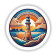 Vibrant illustration of a lighthouse standing tall against a sunset backdrop with mountains, clouds, and a serene body of water in the foreground. This digital artwork features a retro, stylized design with bold colors and intricate details, capturing the beauty and grandeur of a coastal landscape.