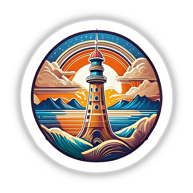 Vibrant illustration of a lighthouse standing tall against a sunset backdrop with mountains, clouds, and a serene body of water in the foreground. This digital artwork features a retro, stylized design with bold colors and intricate details, capturing the beauty and grandeur of a coastal landscape.
