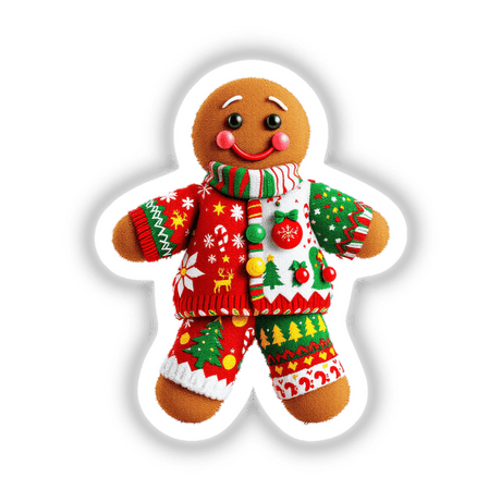 Gingerbread Man Ugly Christmas Sweater Style sticker features a cartoon gingerbread man wearing a festive sweater and pants, available as unique stickers or digital artwork from Decal Venue.