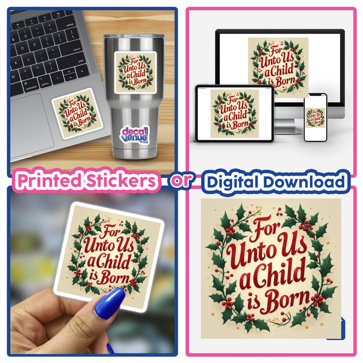 Christmas Sticker & Clipart: 'For Unto Us a Child is Born' (Isaiah 9:6). Collage includes a laptop featuring the sticker, emphasizing its availability as stickers or digital artwork for commercial use.