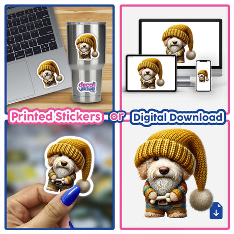 Goldendoodle Gnome Holding Dog Bone sticker collage, featuring a cute cartoon dog in a hat and sweater, perfect for dog lovers from Decal Venue.