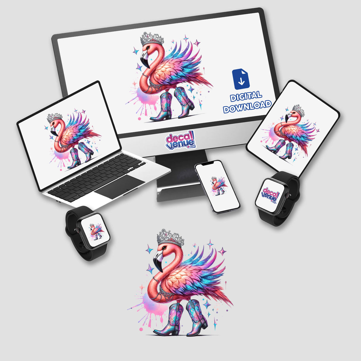 Cowboy Princess Flamingo Bird II depicted on a laptop and smartwatch screen, showcasing a cartoon flamingo with a crown and boots, available as stickers or digital artwork from Decal Venue.