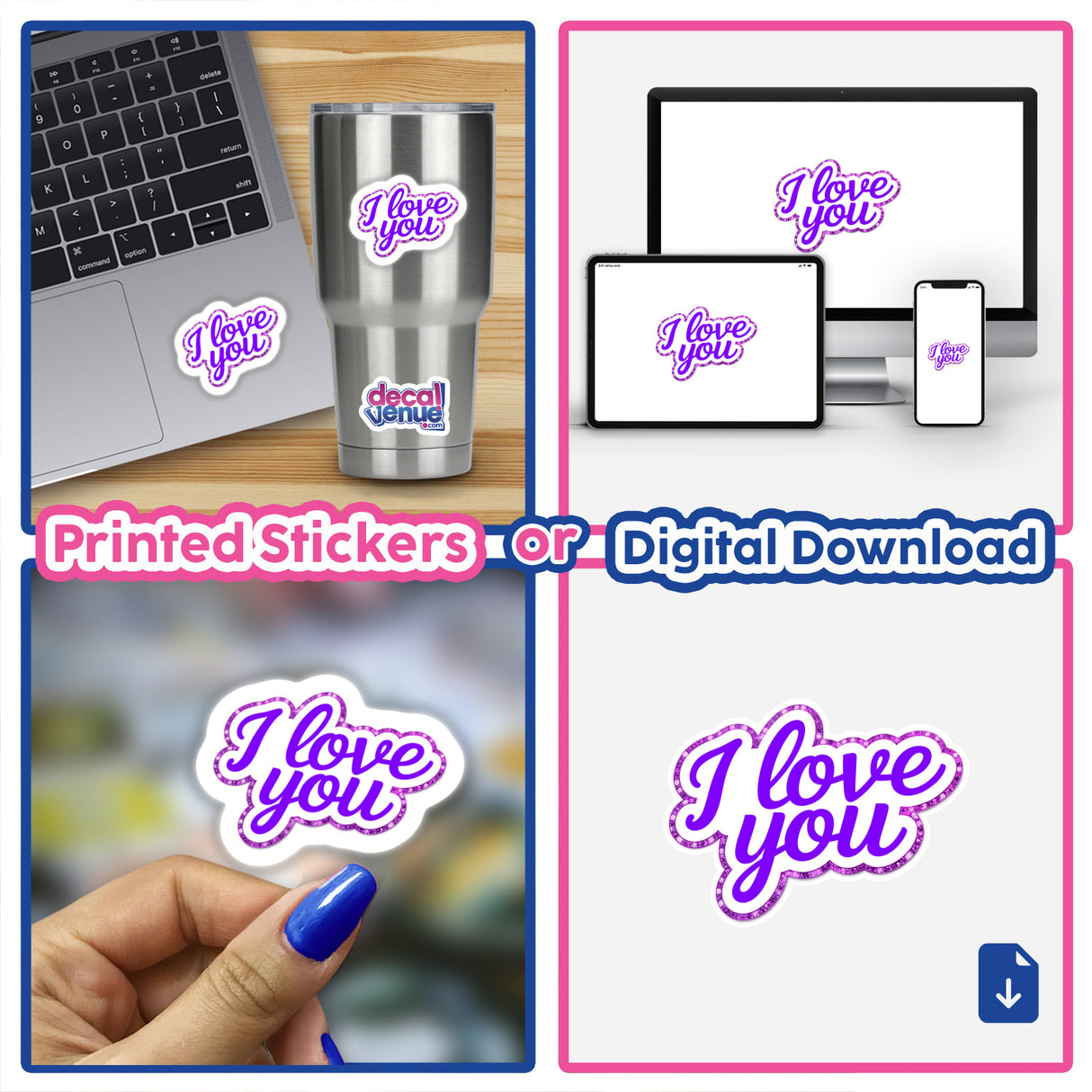 Collage of I Love You stickers on various surfaces, including a laptop and cup, showcasing unique designs available as stickers or digital artwork from Decal Venue.