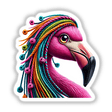 Flamingo with Yarn Hair: Cartoon flamingo featuring vibrant, colorful yarn hair, available as unique stickers or digital artwork.