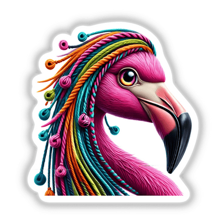 Flamingo with Yarn Hair: Cartoon flamingo featuring vibrant, colorful yarn hair, available as unique stickers or digital artwork.