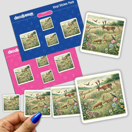 Tranquil Meadow Retreat stickers featuring various animals in a grassy meadow, including deer and rabbits, with a close-up of a person's finger applying one.