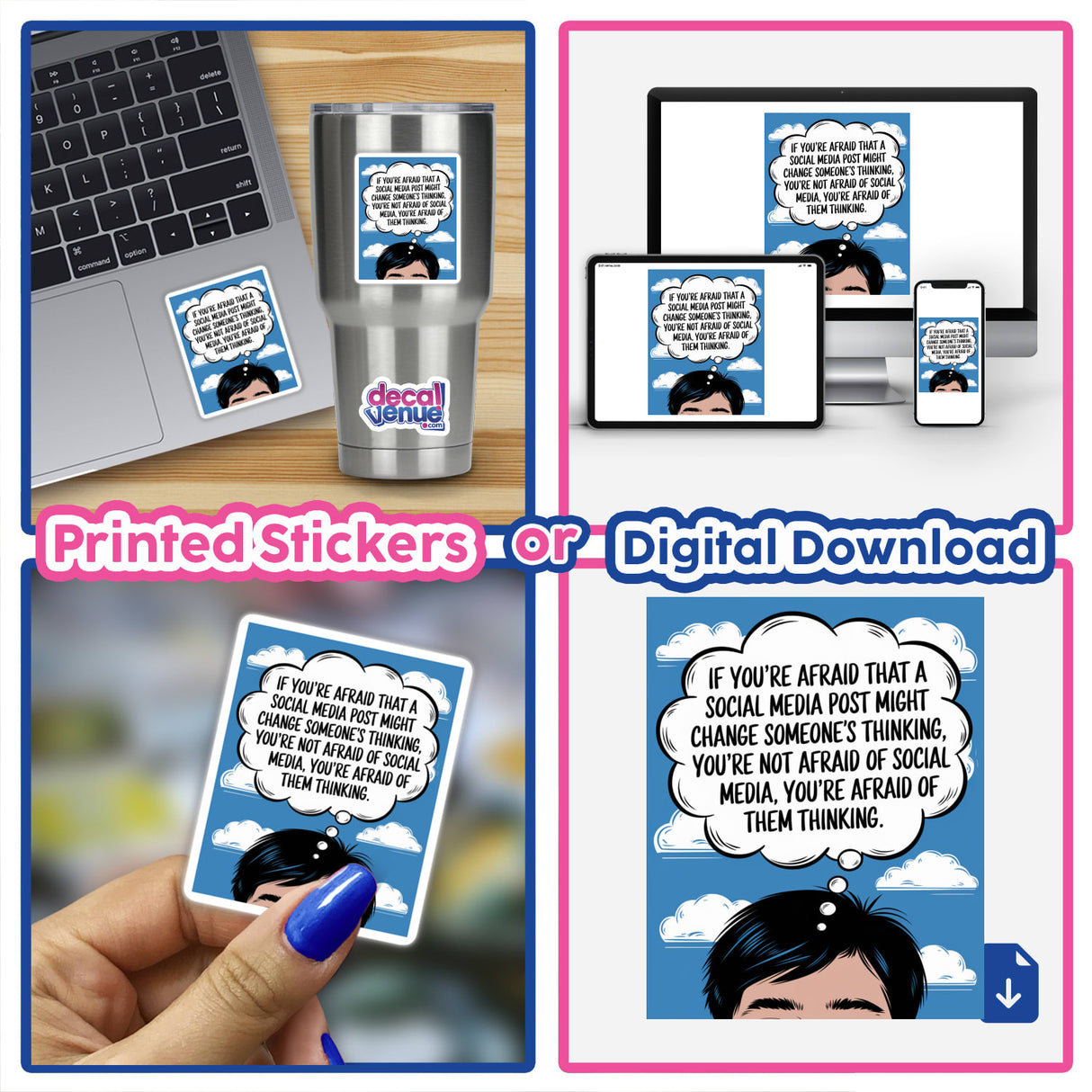 Collage of Anti-Censorship Social Media Quote Clipart - Government Control Awareness Stickers or Commercial Use Download, featuring stickers on laptops, cups, and digital artwork with various illustrations and quotes.