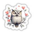 Napping Owl with Heart Branches: A serene owl perched on a branch adorned with pink hearts, offering a whimsical touch ideal for vibrant stickers or digital art.
