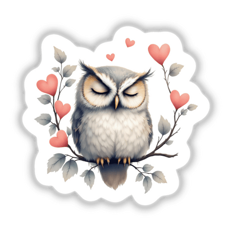 Napping Owl with Heart Branches: A serene owl perched on a branch adorned with pink hearts, offering a whimsical touch ideal for vibrant stickers or digital art.