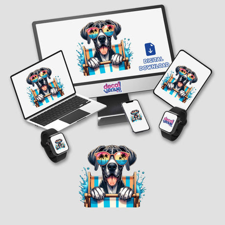 Happy Great Dane Peeking from Beach Chair displayed on a computer monitor and laptop screen, available as stickers or digital artwork, featuring the dog wearing sunglasses.