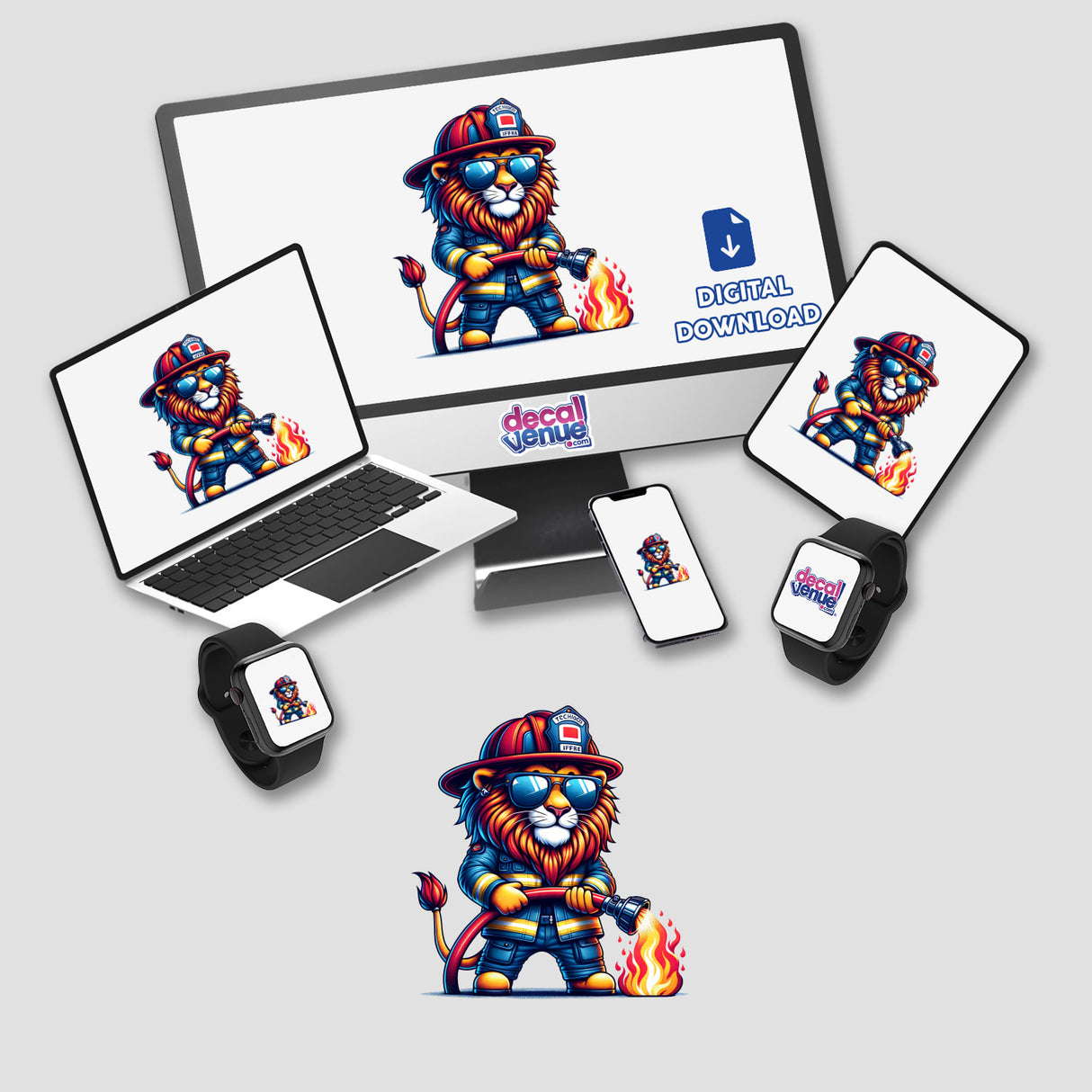 Vibrant digital artwork featuring a lion firefighter putting out a fire, surrounded by various electronic devices displaying the DecalVenue brand and "Digital Download" text.