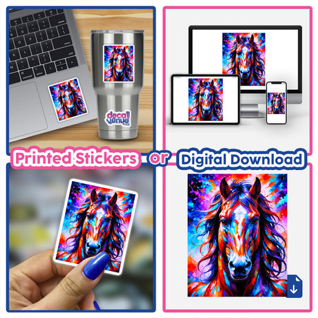 A collage featuring A Cute Horse - Animal Portrait as vinyl stickers and digital artwork, displayed on a laptop, highlighting the unique animal-themed offerings from Decal Venue.