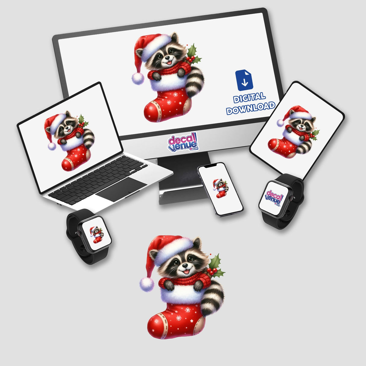 Peeking Santa Raccoon in Sweater Christmas Stocking displayed on a monitor and laptop, offering festive digital art and sticker options.