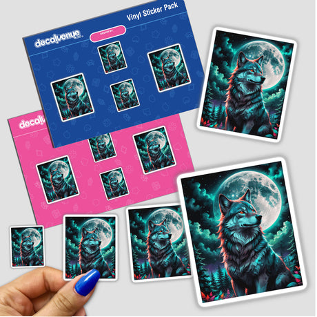 Wolf in the Night with a Bright Moon sticker, featuring a digital art depiction of a wolf howling at a full moon, available as a sticker or digital artwork from Decal Venue.