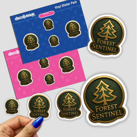 Forest Sentinel – RPG-Style Skill Badge, a gold nature emblem, available as a sticker or digital artwork, featuring intricate design elements symbolizing natural themes, aligning with Decal Venue's unique vinyl and digital art offerings.