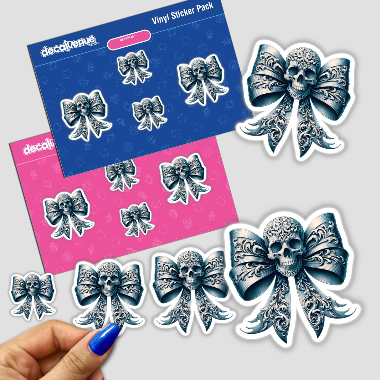 Skeleton Skull Coquette Bow sticker pack featuring skulls adorned with bows, ideal for adding a gothic touch to your DIY projects or space decor.